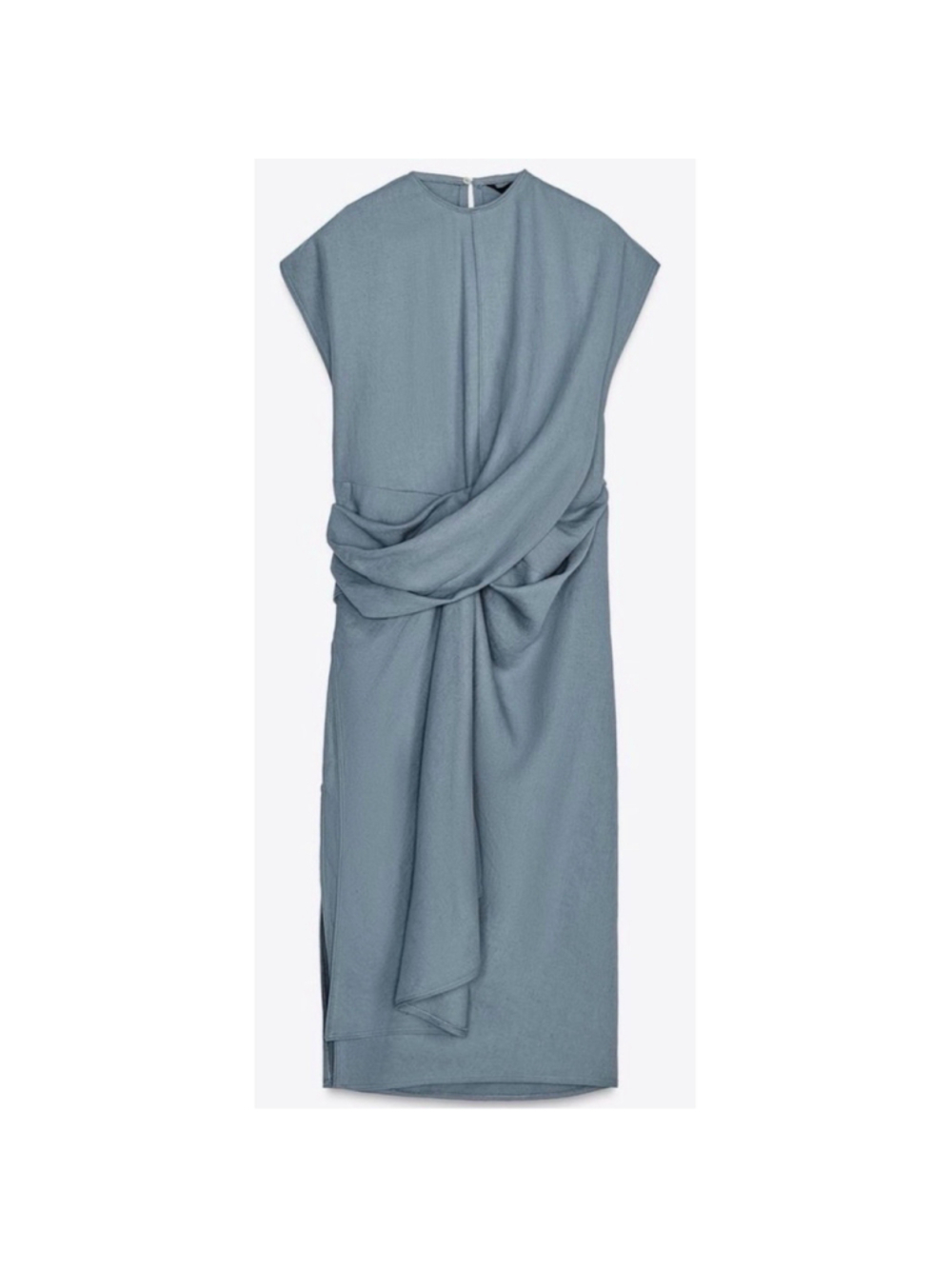 Zara Linen Blend Draped Midi Dress Blue Asymmetrical Minimalist XS NWT